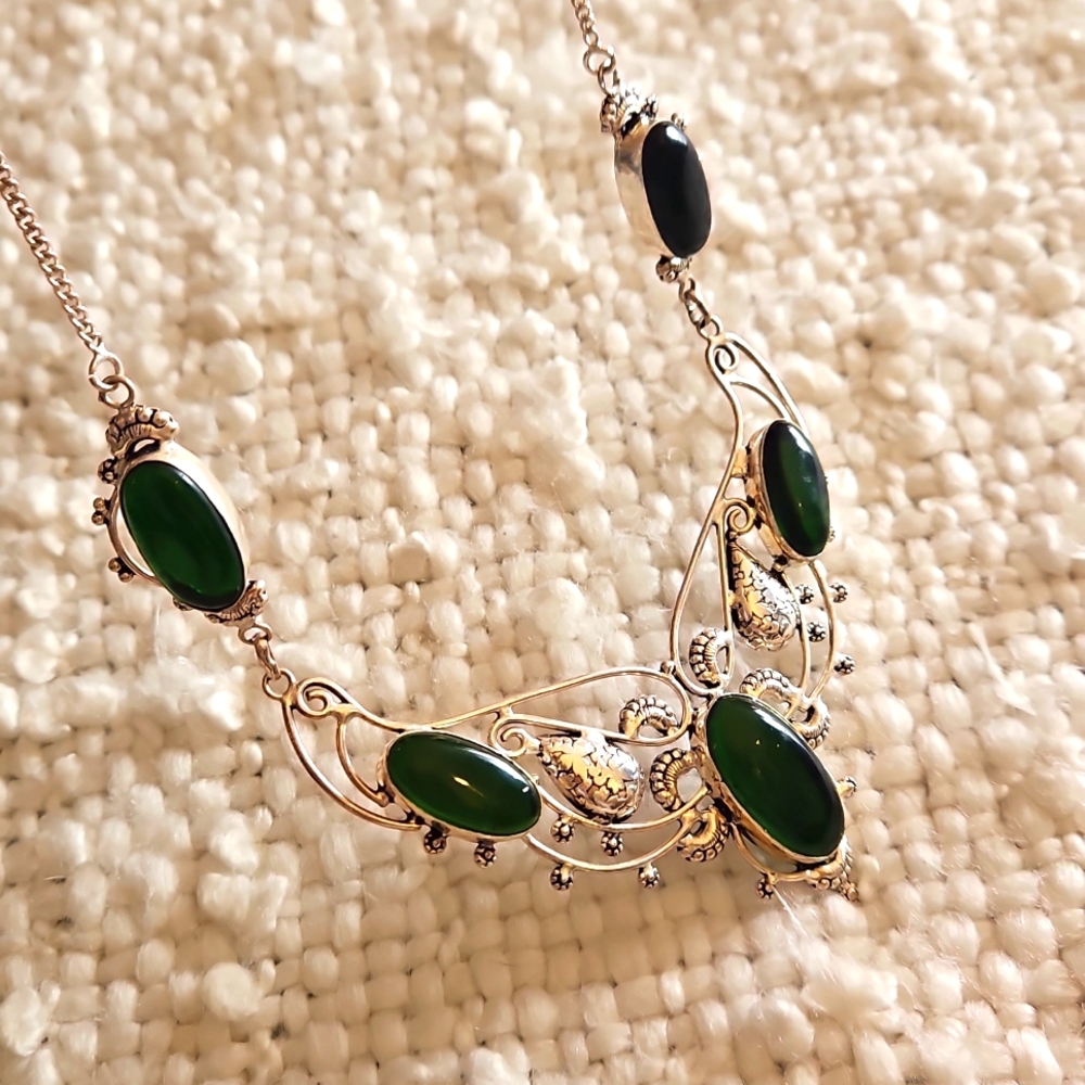 925 Silver Dark Green Quartz Collar Necklace